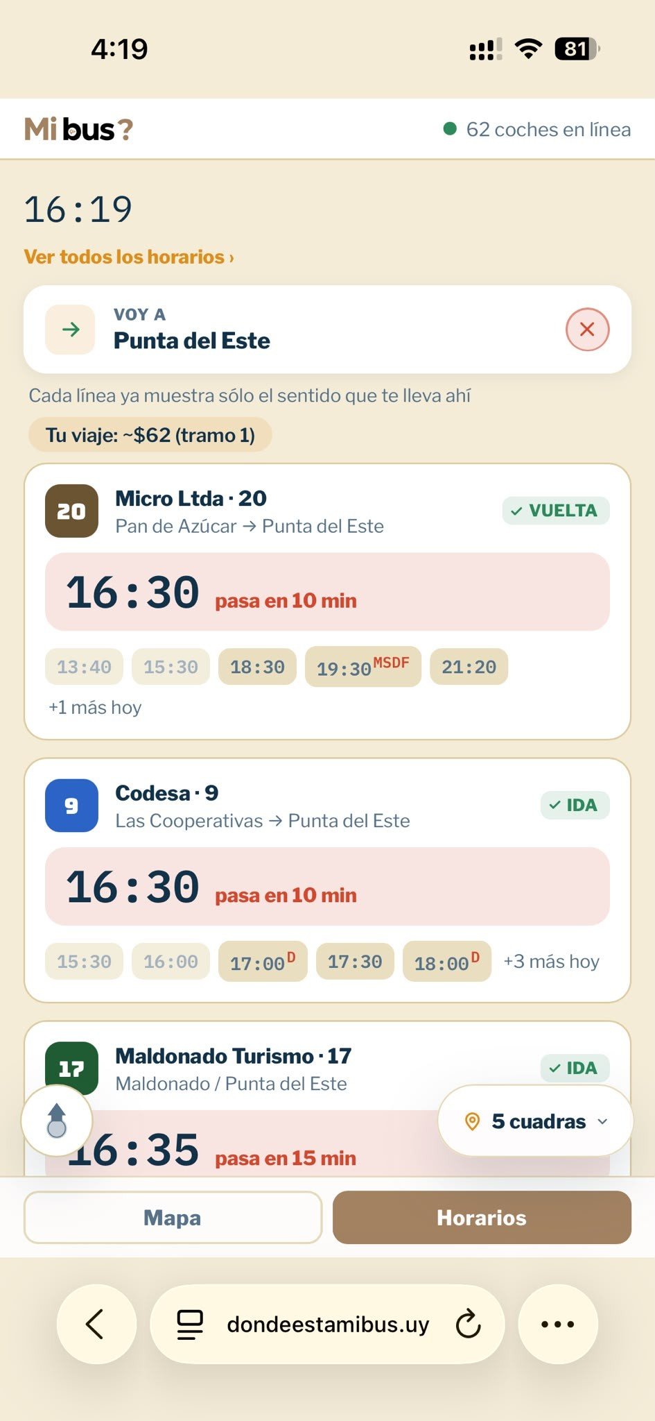 Pestaña de Horarios de Mi Bus con "Voy a Punta del Este" activado y las líneas de Micro Ltda, Codesa y Maldonado Turismo que llegan